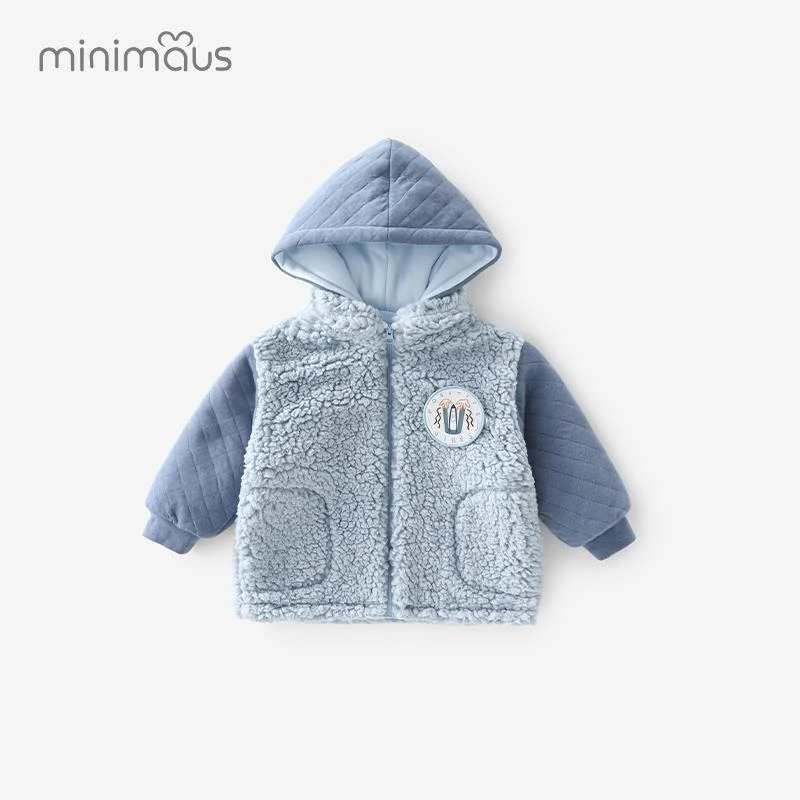 婴儿仿羊羔绒外套秋冬装儿童外穿衣服连帽男女宝宝保暖上衣洋气