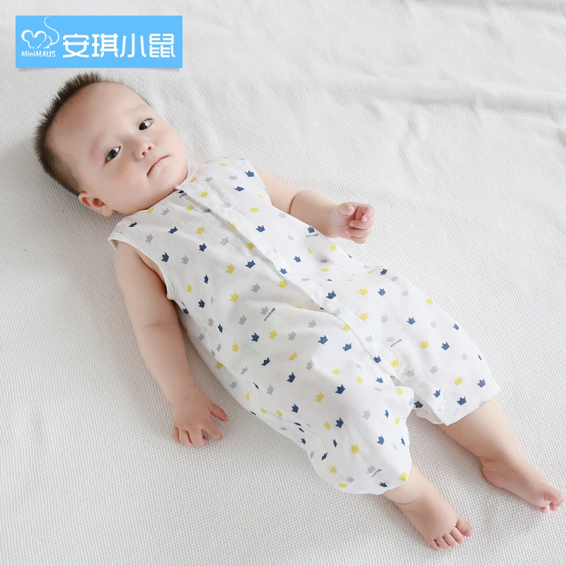 新生婴儿纱布纯棉连体衣哈衣0-3个月1岁宝宝夏季无袖女男背心衣服