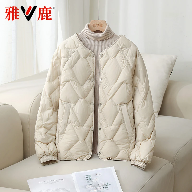 雅鹿2025新款轻薄羽绒服女新潮圆领时尚休闲户外显瘦秋冬菱格外套