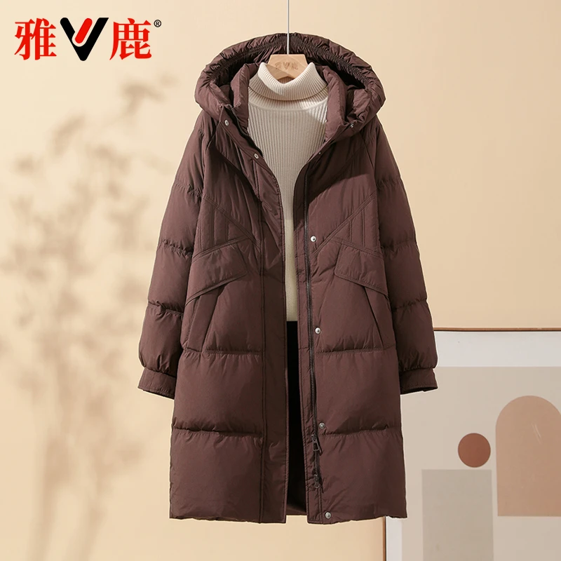 雅鹿2024秋冬新款羽绒服女中长显瘦纯色简约加厚保暖通勤修身外套