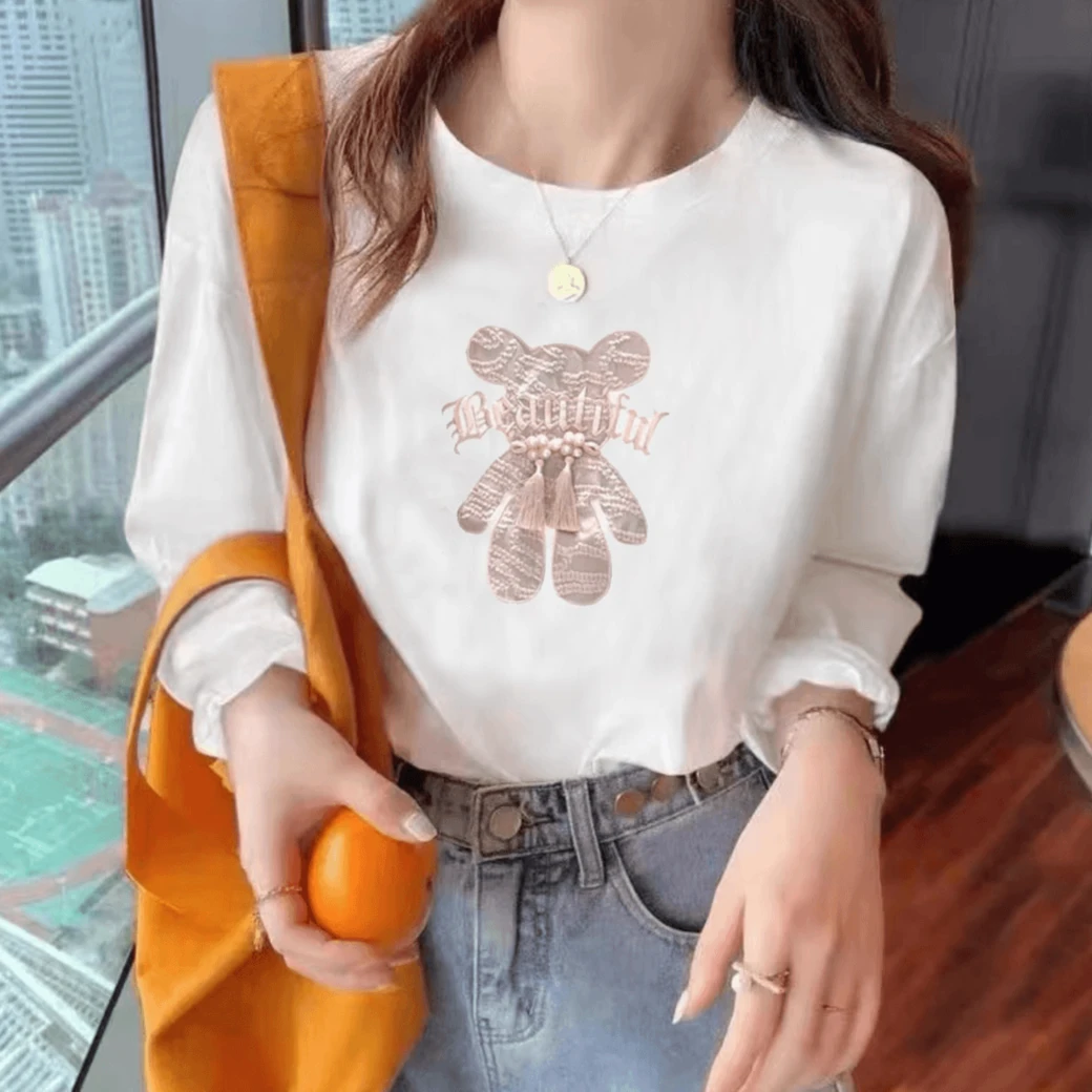 2024长袖秋衣男女休闲透气时尚百搭圆领印花T恤 流苏熊