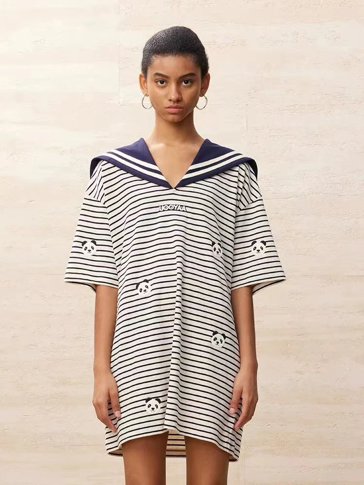 UOOYAA/乌丫2024夏季新款海军领条纹熊猫连衣裙2199