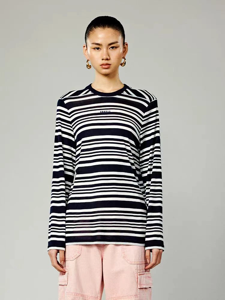 UOOYAA/乌丫2024秋季新款视错觉条纹长袖T恤1199
