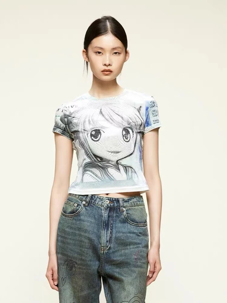 UOOYAA/乌丫2024夏季新款「No money No honey」轻薄弹力丝绒T恤899