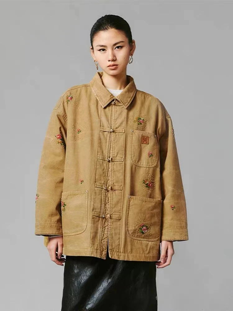 UOOYAA/乌丫冬季新款盘扣花朵刺绣钉珠水洗工装棉服夹克4599