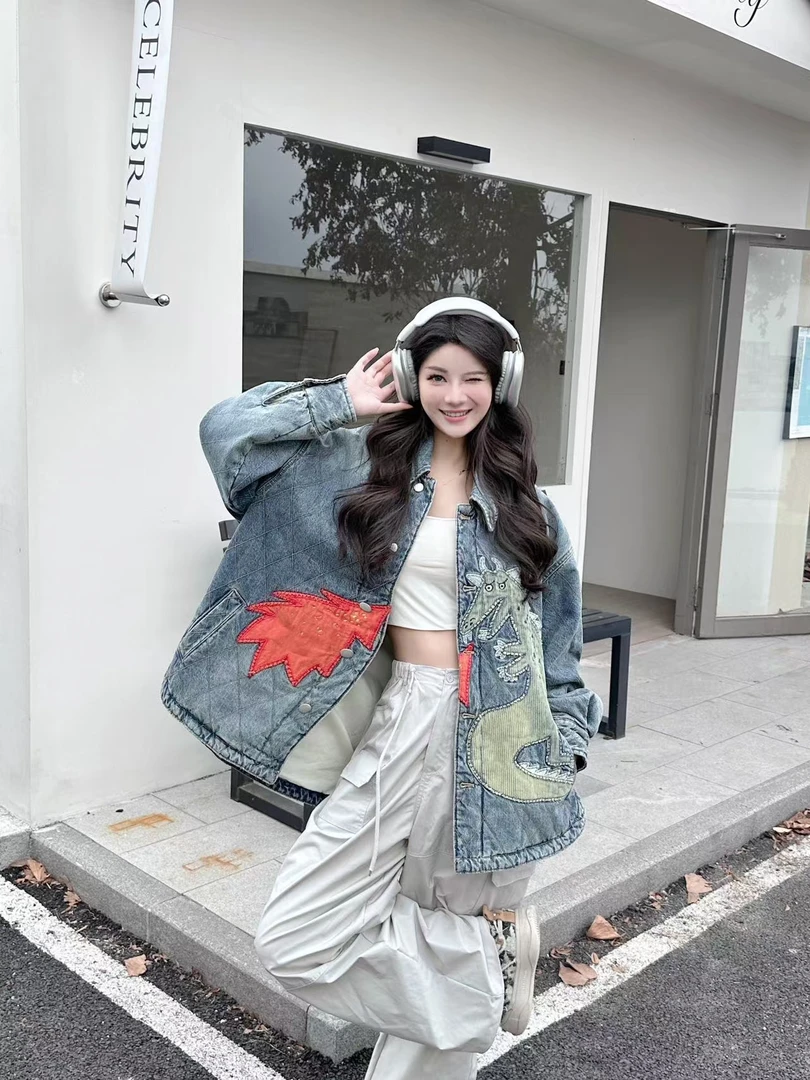 FORDARE 秋季新品 小恐龙贴布牛仔棉服外套2999