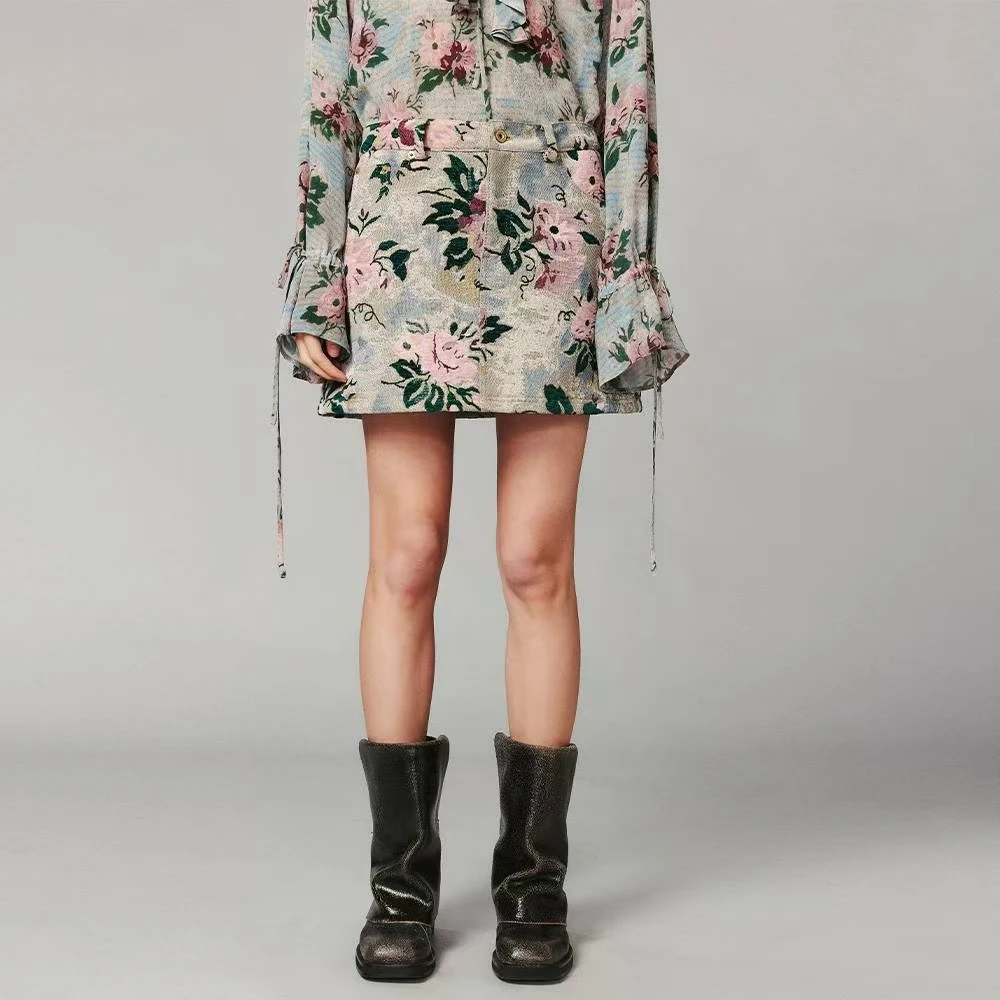 UOOYAA/乌丫2024冬季新款复古浪漫墙纸花织毯短半裙1599