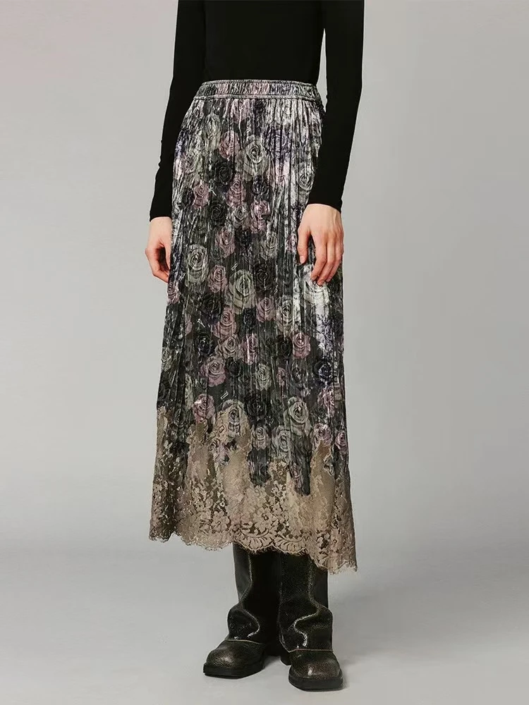 UOOYAA/乌丫2024冬季新款迷彩蔷薇印花丝绒蕾丝半裙1799