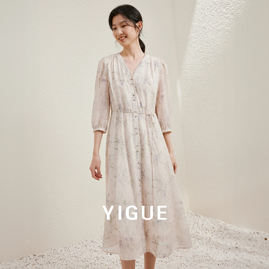 《丽公主》亦谷茶歇法式印花连衣裙夏薄款v领气质长裙G4SAL800