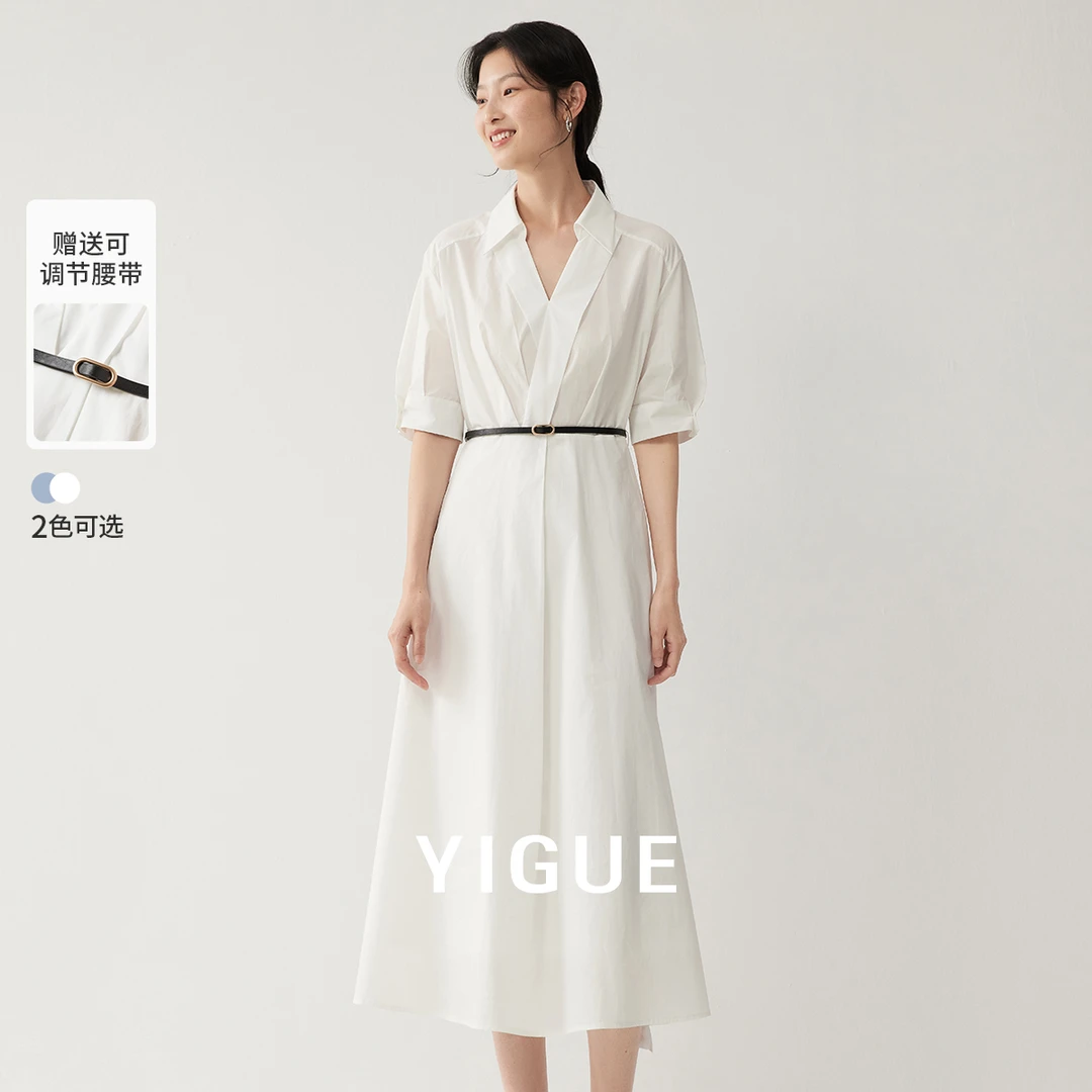 【品牌专柜】亦谷通勤风衬衫连衣裙夏新款v领短袖薄裙子G4SAL822