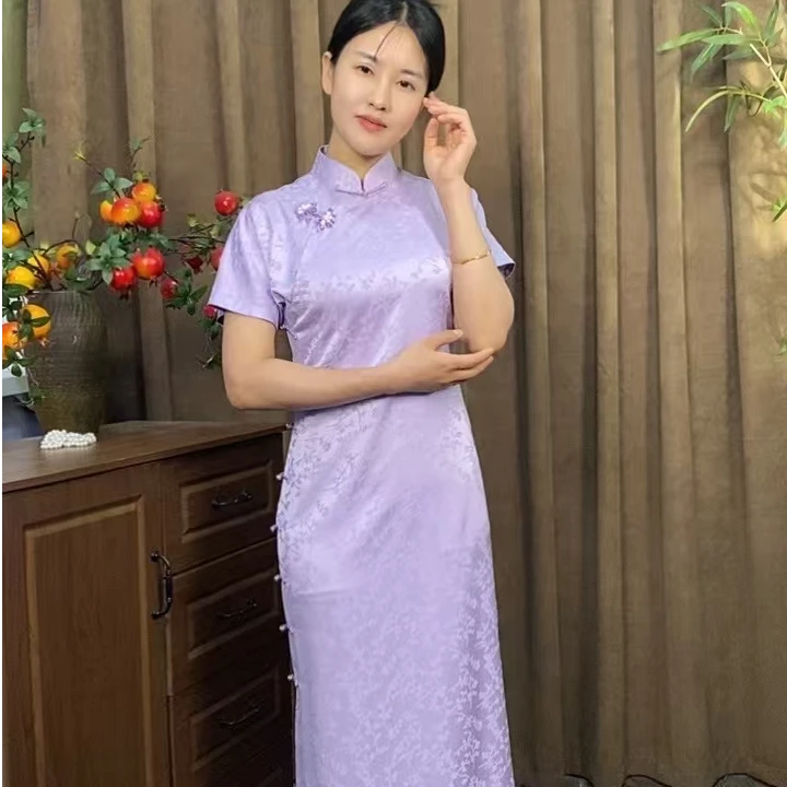 【蝶恋花】锦暮溪新品手工古法大开襟手工旗袍平裁一片式紫色花扣