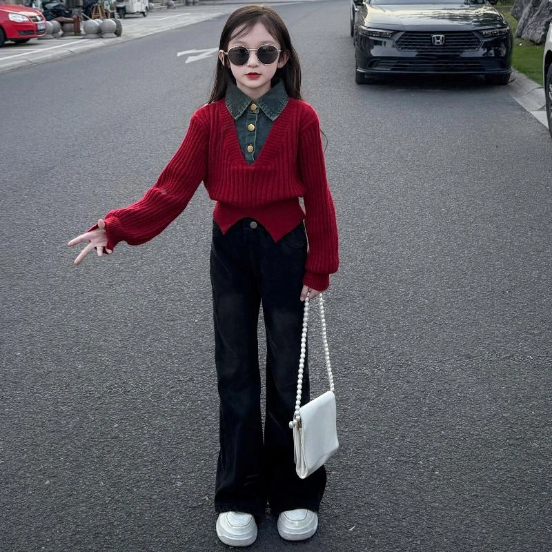 女童冬季洋气加绒牛仔裤套装时髦童装针织毛衣两件套2024秋冬新款