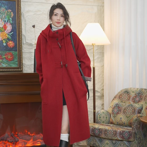 五儿精工168#双面双色新款100绵羊毛帽子款双面呢大衣休闲