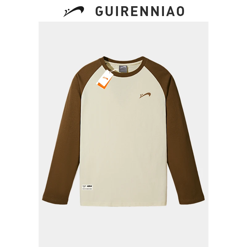 贵人鸟插肩长袖t恤男士秋冬季宽松撞色拼接重磅纯棉男女款打底衫