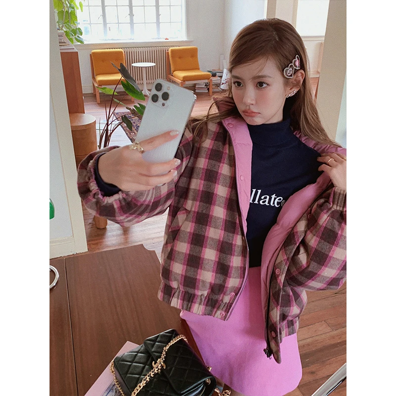 CHERI.Z宽松加厚短款格子羽绒服女款冬季新款两面穿小个子面包服