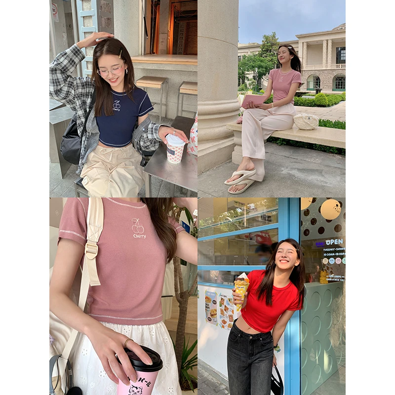 CHERI.Z美式复古樱桃印花短袖T恤女夏季简约软糯短款显瘦上衣潮