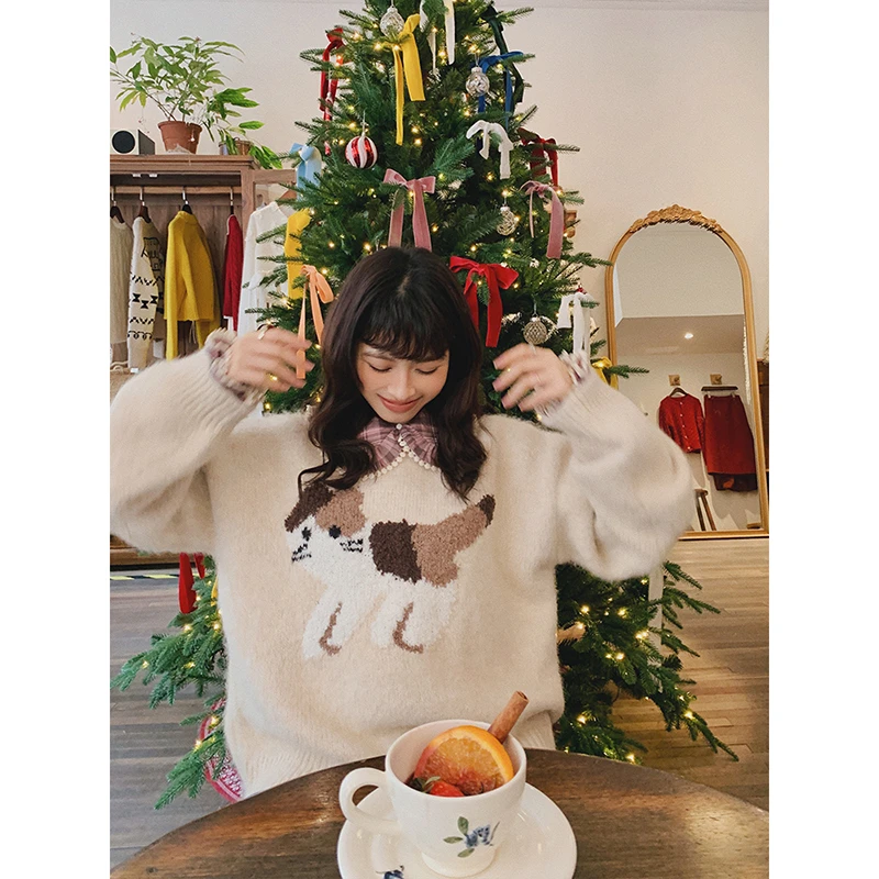 CHERI.Z新款慵懒风温暖织物 节日氛围小猫 毛圈圈纱提花毛衣