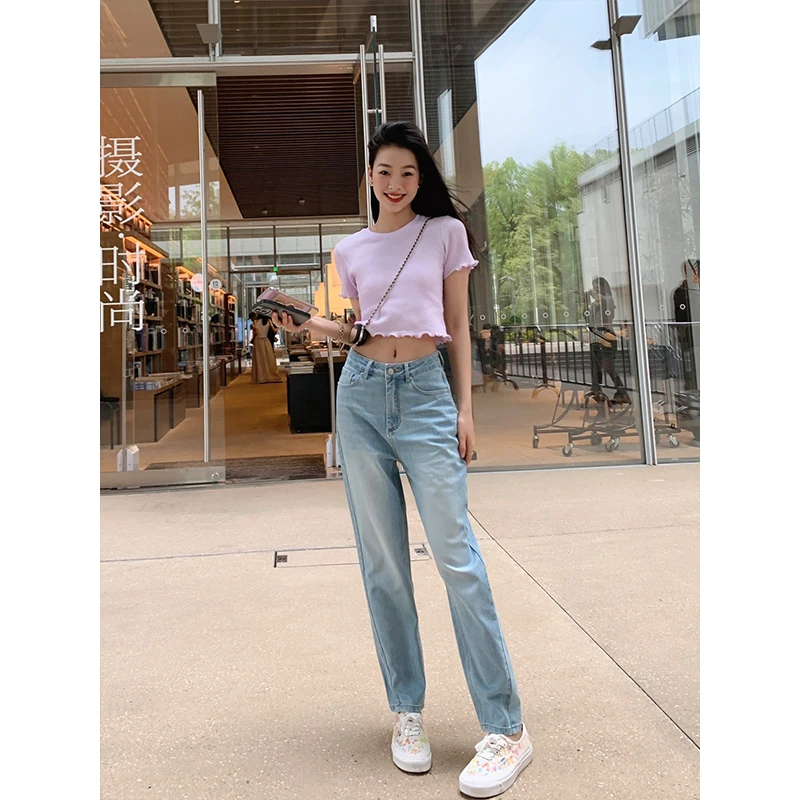 CHERI.Z高腰显瘦阔腿浅色牛仔裤女夏季薄款宽松直筒裤醋酸长裤
