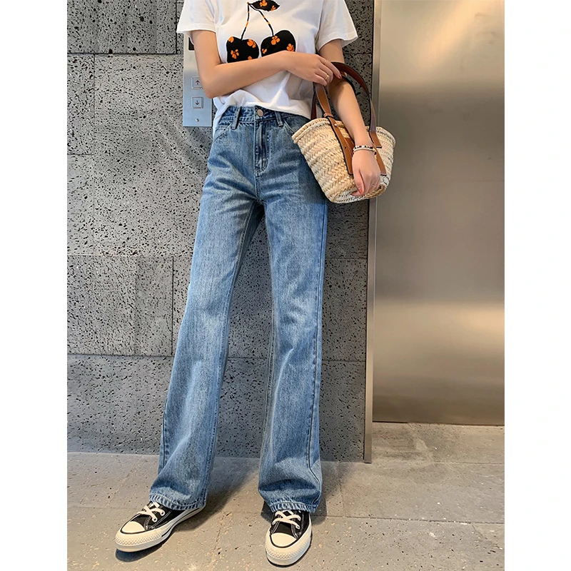 CHERI.Z高腰直筒浅蓝色牛仔裤女款宽松休闲牛仔长裤小个子直筒裤