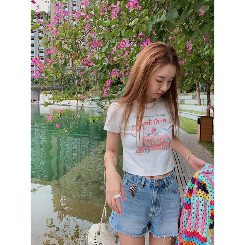 CHERI.Z夏季设计感小众印花短袖T恤女圆领休闲短款内搭显瘦上衣
