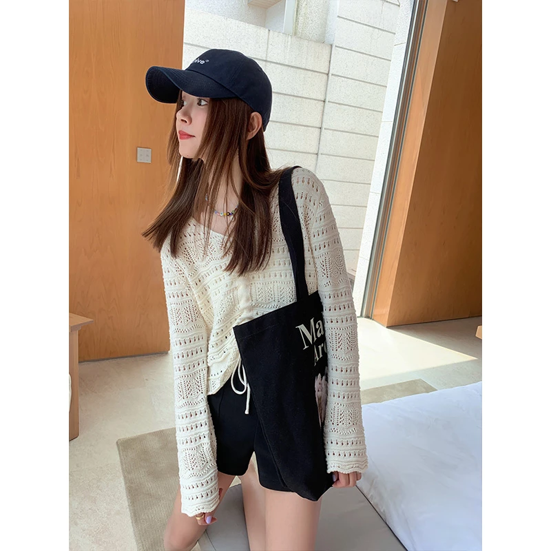 CHERI.Z休闲V领镂空白色针织长袖女春夏宽松慵懒防晒罩衫开衫