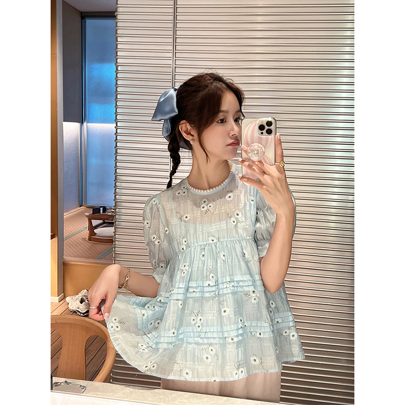 CHERI.Z甜美法式泡泡袖衬衫女夏圆领小个子别致镂空上衣气质小衫