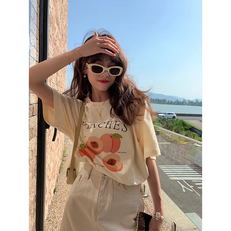 CHERI.Z清仓款（no退no换）新款休闲印花T恤女夏季圆领宽松落肩上衣