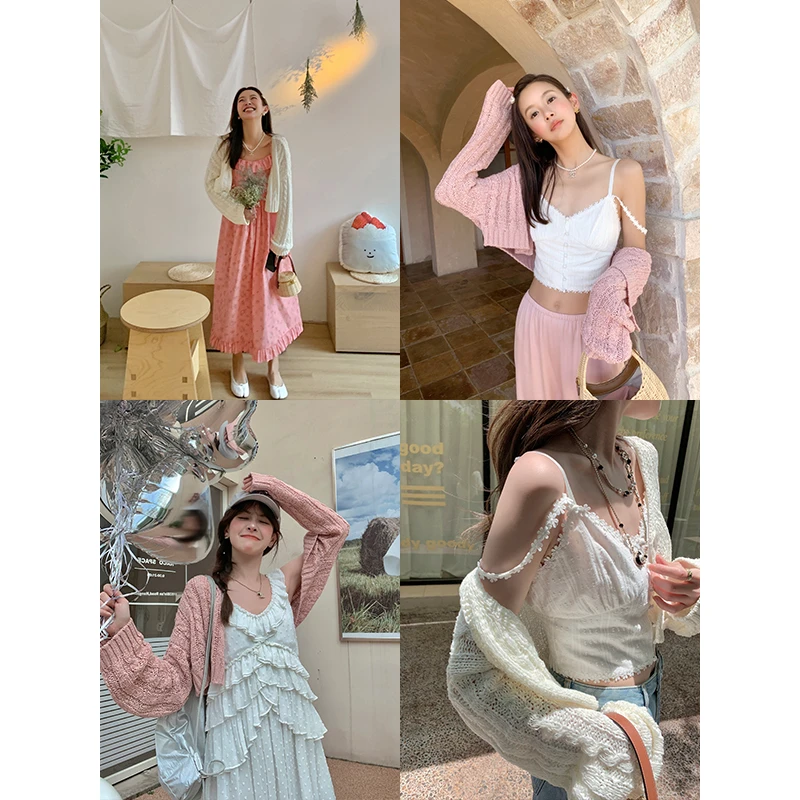 CHERI.Z镂空针织衫女白色短款长袖防晒开衫甜美薄款外搭上衣罩衫