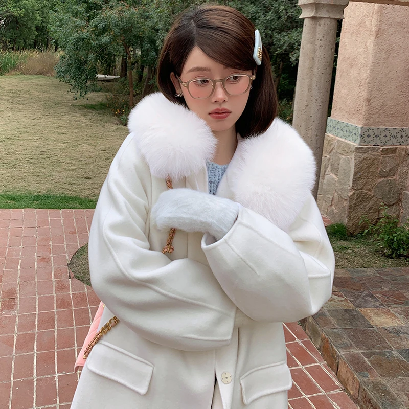 CHERI.Z超大狐狸毛领毛呢外套女白色长款双面呢大衣秋冬显瘦纯色