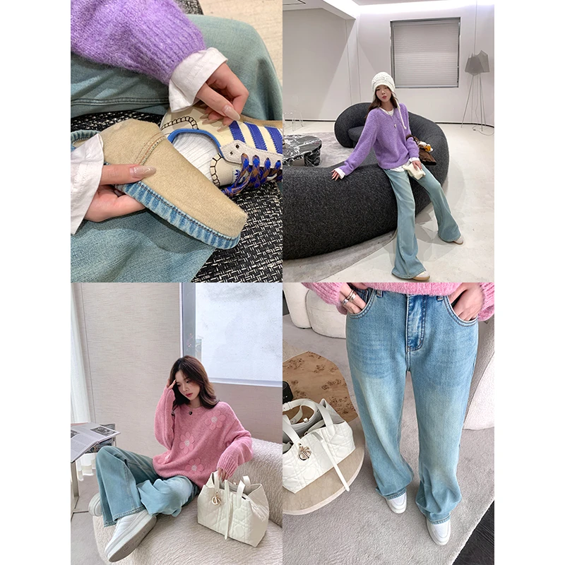 心动一万次 爱心镂空皮牌 宽松微喇加绒牛仔裤