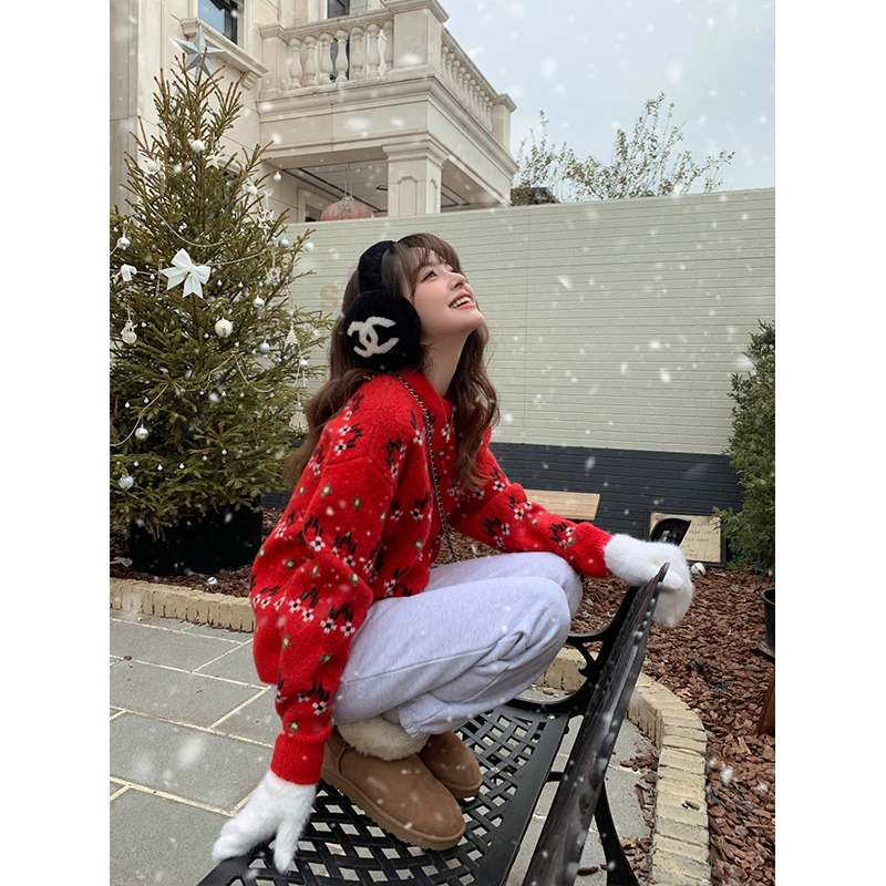 CHERI.Z红色圣诞毛衣女秋冬圆领休闲复古百搭针织套头长袖上衣