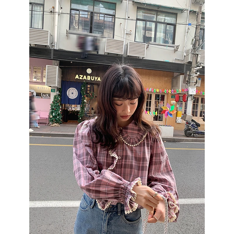 CHERI.Z甜美暴击 重工4米花边！大用量粉格衬衫C23C02998D