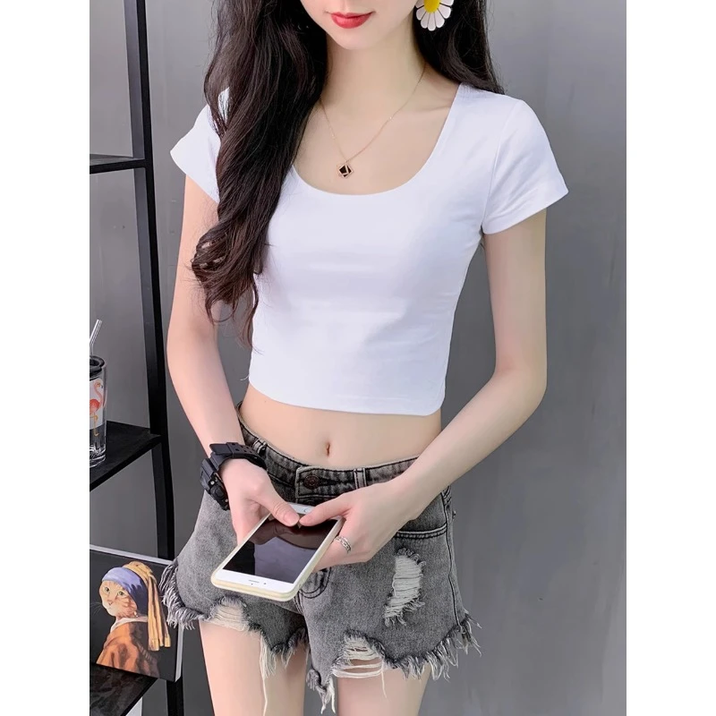 白色T恤女短袖修身短款露脐春游出行新款高腰显瘦黑色双u领上衣潮