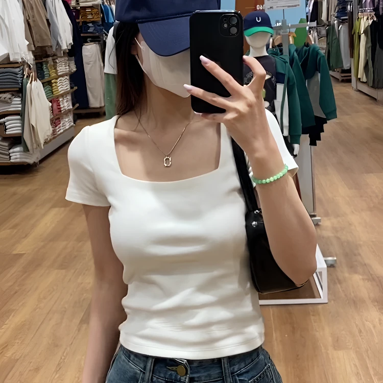 法式方领露锁骨纯色短袖T恤女春游洋气修身显瘦百搭衣服短款上衣