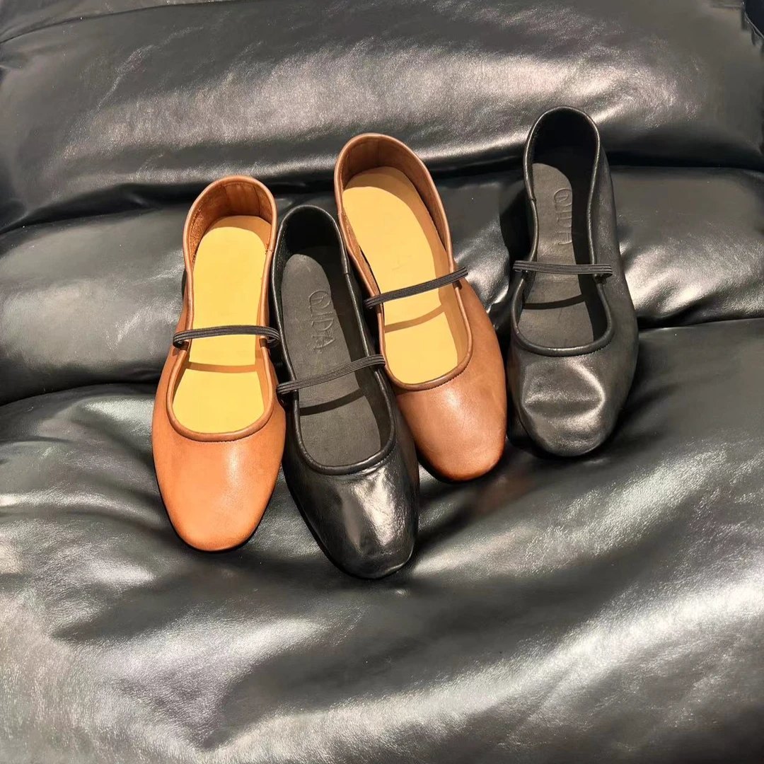 复古圆头平跟水洗马皮浅口软底一字带玛丽珍女士时尚舒适百搭