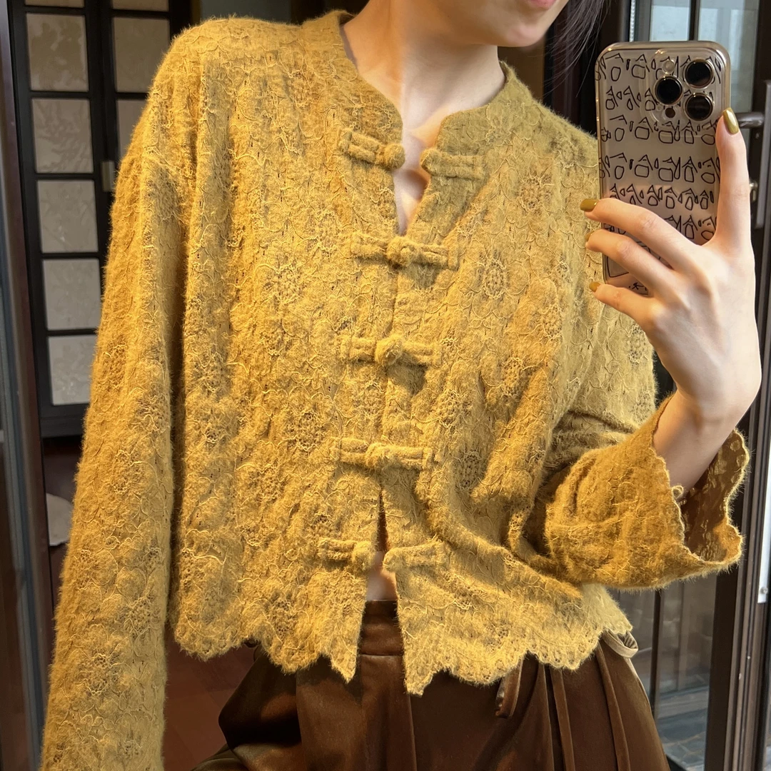 秋季新中式慵懒精致复古中国风品质蕾丝立领时尚宽松长袖针织衬衫