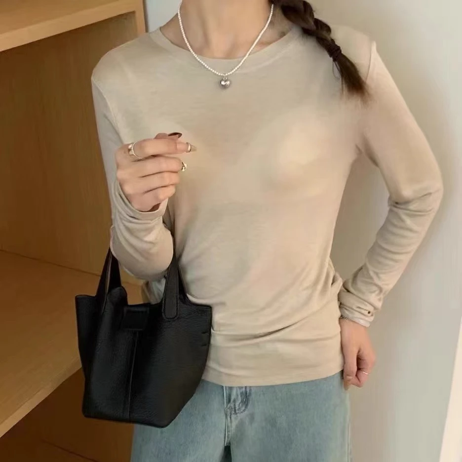 韩系ins简约百搭纯色显瘦女士软糯长袖圆领针织衫