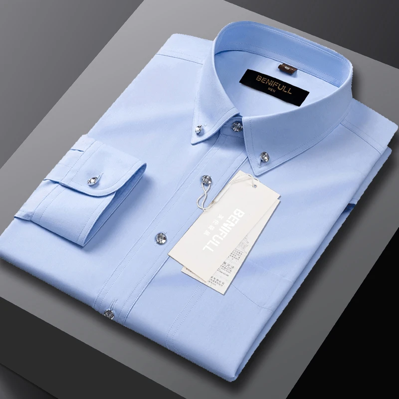 袋鼠钻扣春秋高档免烫竹纤维男士衬衫长袖修身正装商务休闲衬衣