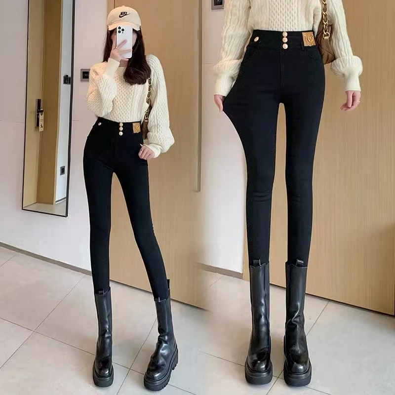 9086款黑色加绒高腰秋冬新款百搭显瘦弹力紧身裤小脚铅笔裤子