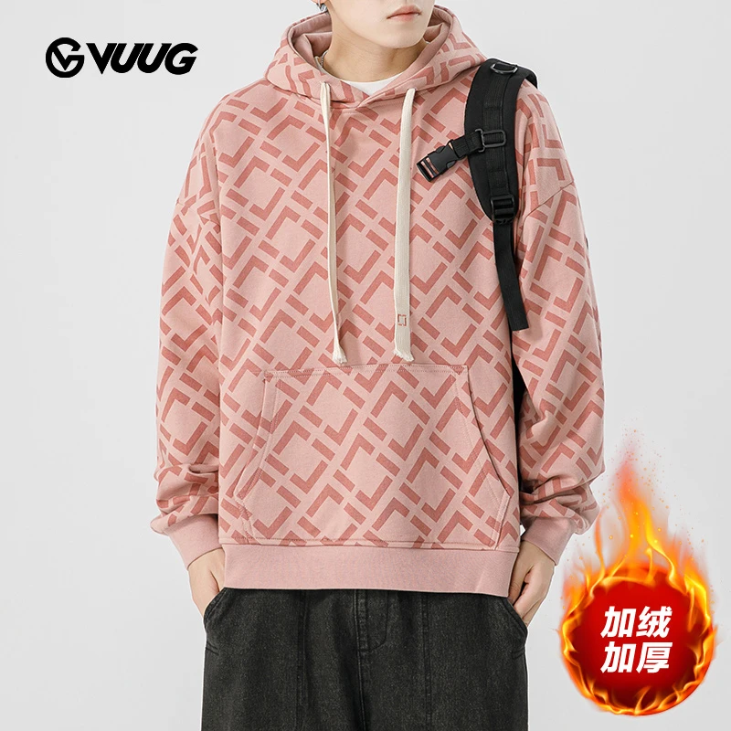 【VUUG】2023新款格子满印连帽卫衣男士印花宽松外套运动帽衫套头