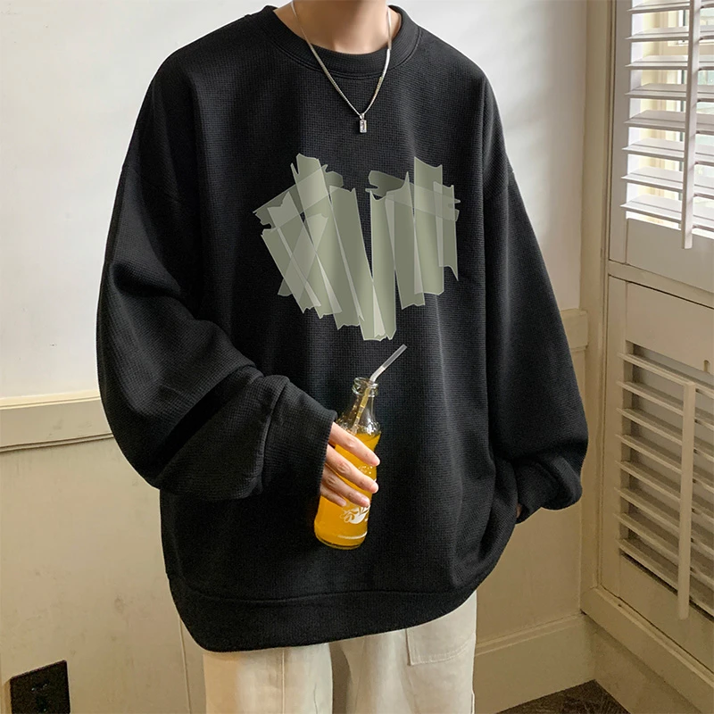 华夫格圆领卫衣男士冬季加绒加厚潮牌宽松无帽春秋款情侣装上衣服