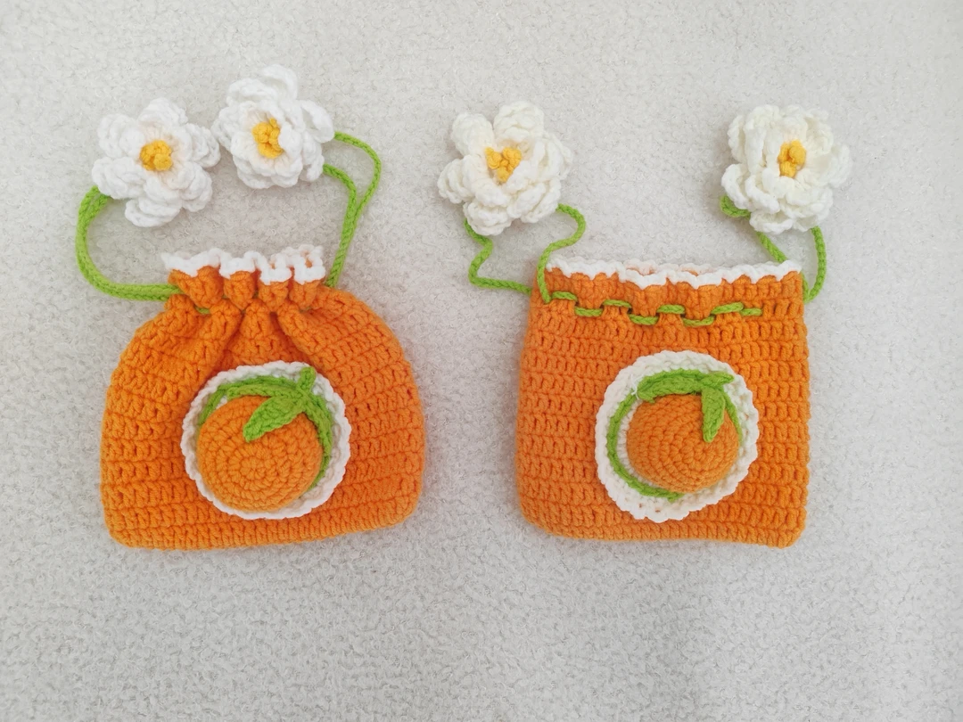 手工钩针柑橘栀子花零钱包 包挂件 可收口 包邮