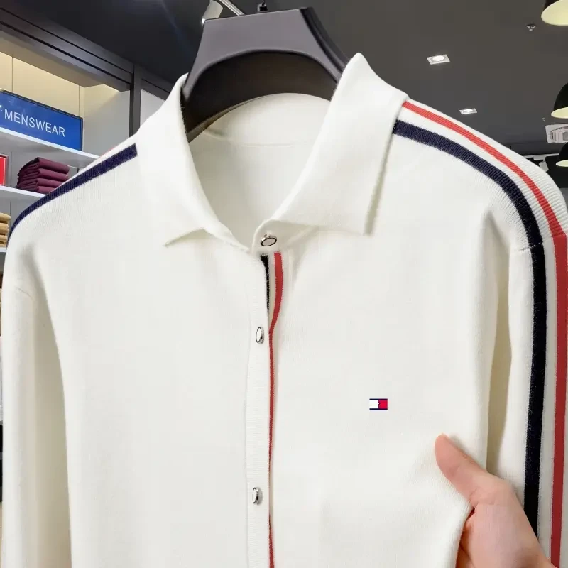 tommy汤米秋季男士开衫翻领时尚休闲条纹针织毛衣中青年潮流外套