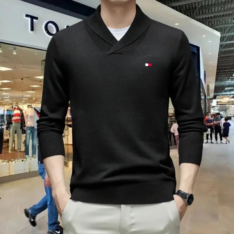 tommy汤米秋冬男士翻领纯色羊毛针织毛衣中青年时尚加厚羊毛衫