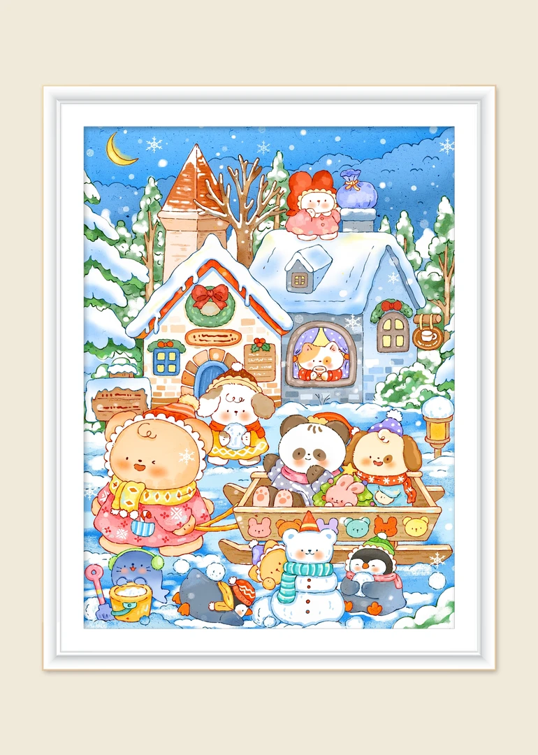 新疆长绒棉*熊熊雪屋65*85大格56色 【精准印花】