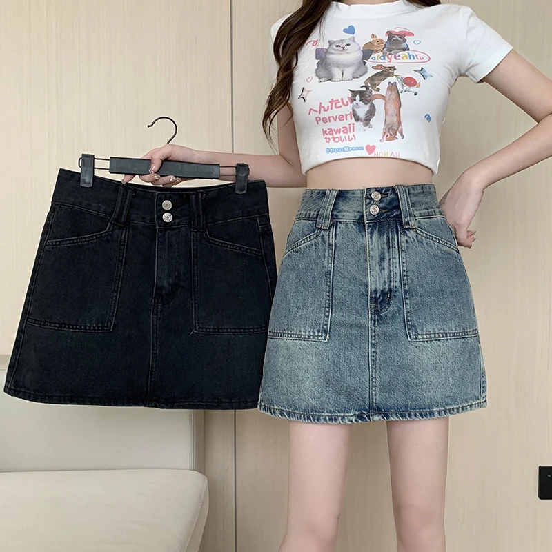 显瘦显腿长高腰牛仔A字半身裙2024夏装新款胖mm大码女复古百搭夏
