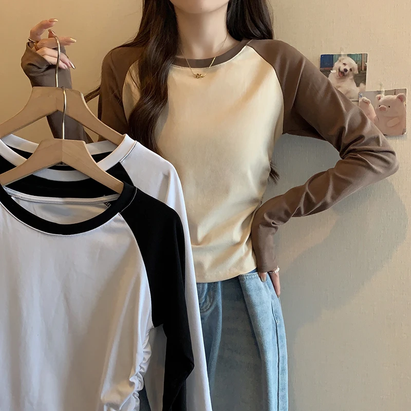 2024秋装新款胖mm时尚百搭拼色侧褶皱长袖T恤打底衫上衣