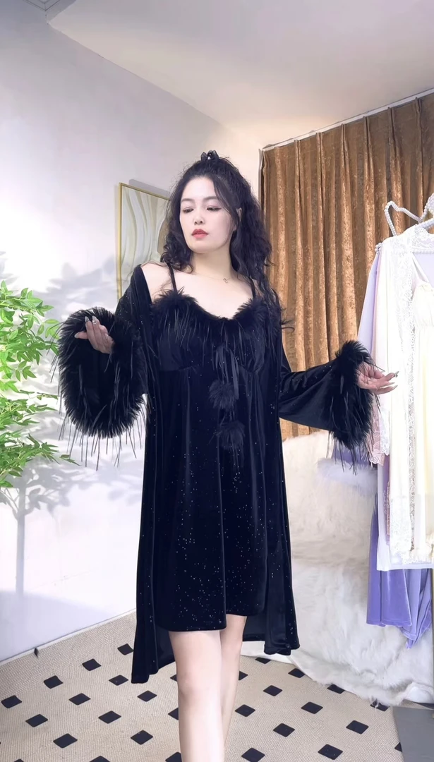GC【黑天鹅&白天鹅】秋冬长款丝绒睡衣纯欲吊带睡裙女外袍黑色显瘦