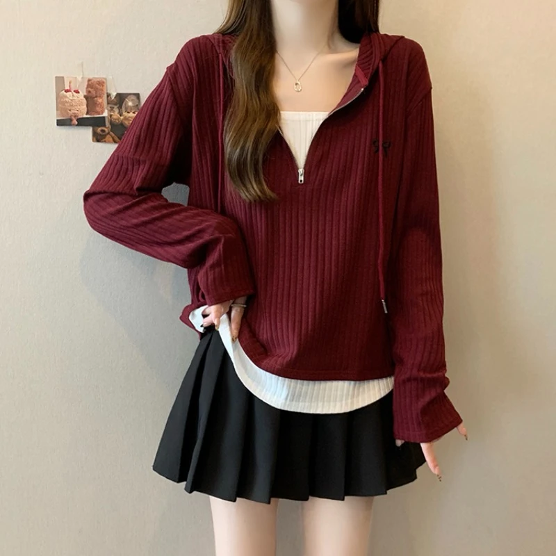 春季大码女装高级感撞色刺绣连帽上衣微胖妹妹显瘦遮肉假两件t恤