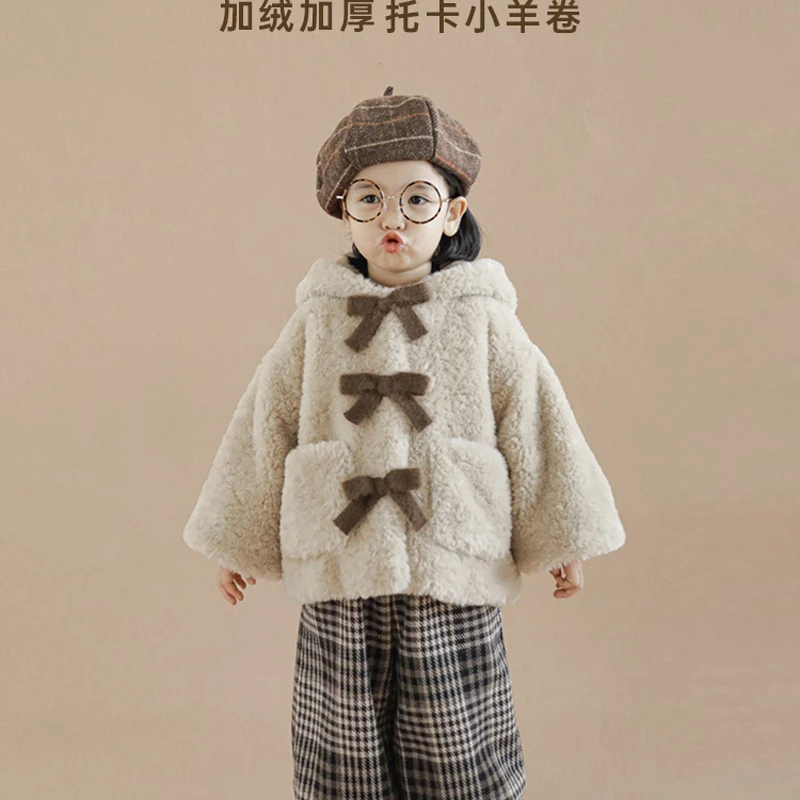 女童加厚毛毛衣2022新款冬装儿童加绒连帽外套宝宝蝴蝶结毛绒上衣
